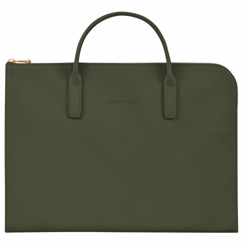 Longchamp Le FOULONNÉ S Briefcase - Leather Khaki | XGBC61802