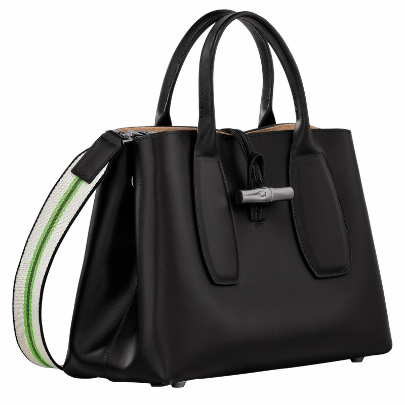 Longchamp Le Roseau M Handbag - Leather Black | AVNG76480