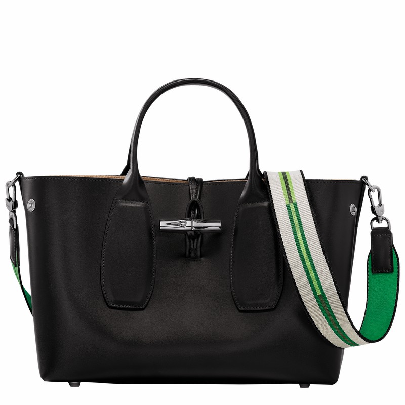 Longchamp Le Roseau M Handbag - Leather Black | AVNG76480