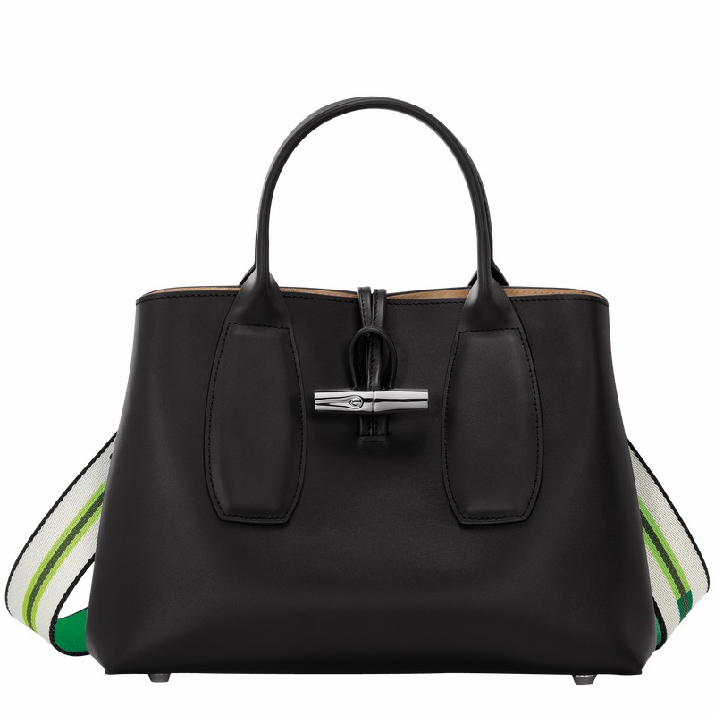 Longchamp Le Roseau M Handbag - Leather Black | AVNG76480